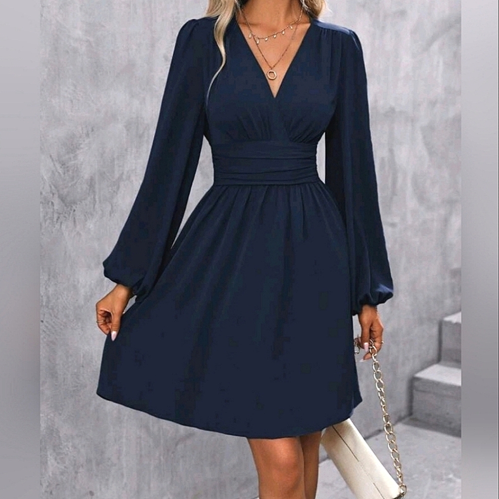 NEW Chic Ruched Waist Short Dress Lantern Long Sleeve Navy Blue - Picture 6 of 9